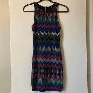 Soprano bodycon mini dress with metallic pink blue green silver art deco NWOT